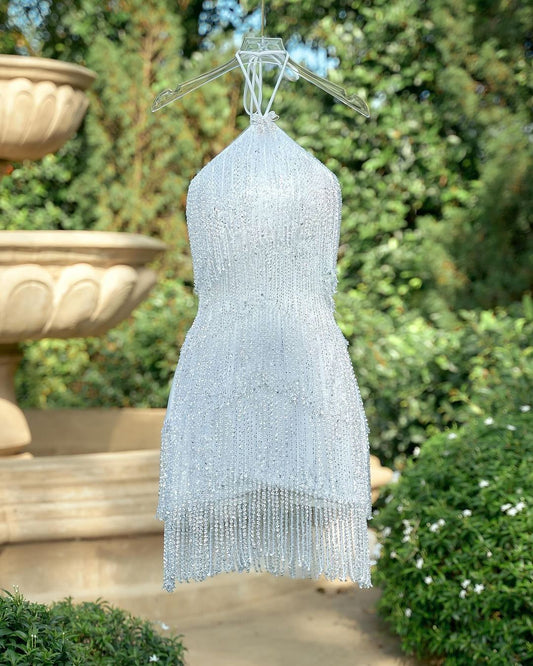 Halter White Beaded Tassel Cocktail Homecoming Dresses, LTP3330