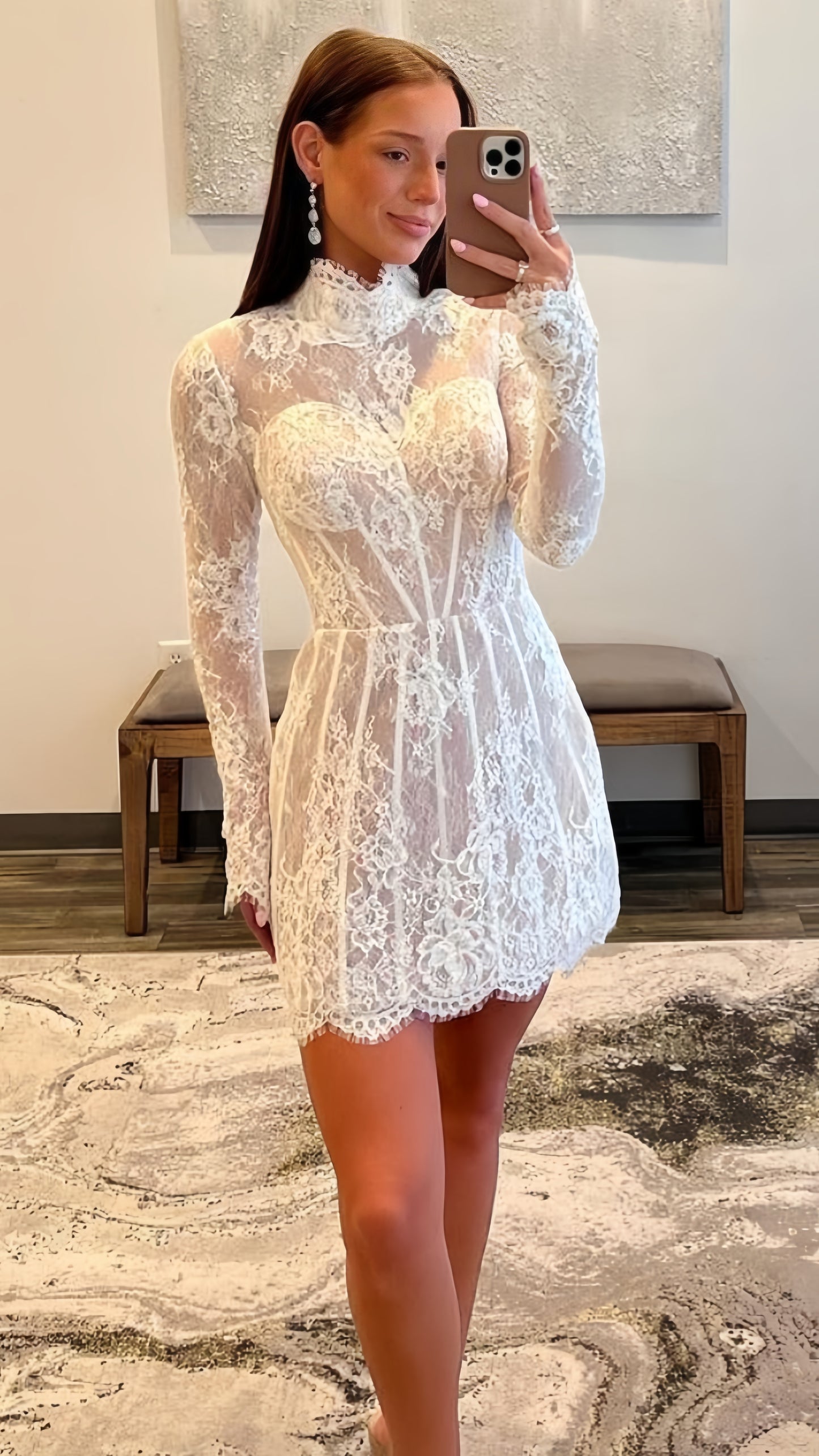 High Neck White Lace Bridal Dresses, Long Sleeves Wedding Gown, LTP3481