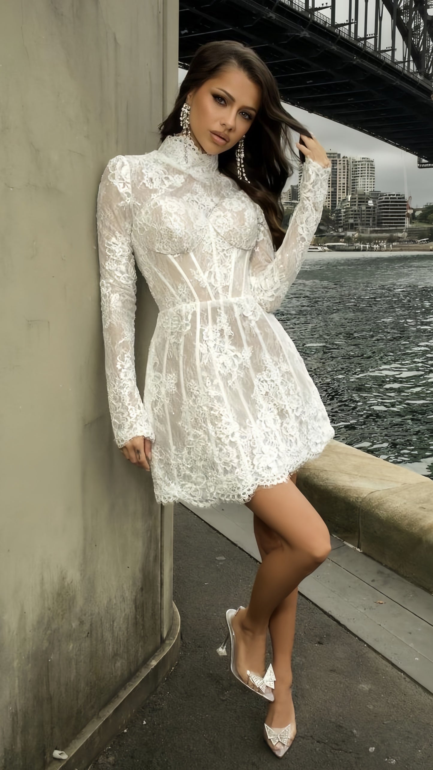 High Neck White Lace Bridal Dresses, Long Sleeves Wedding Gown, LTP3481