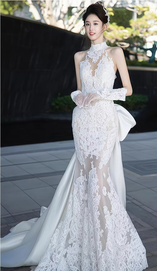 High Neck White Lace Mermaid Wedding Dresses,LTP3670