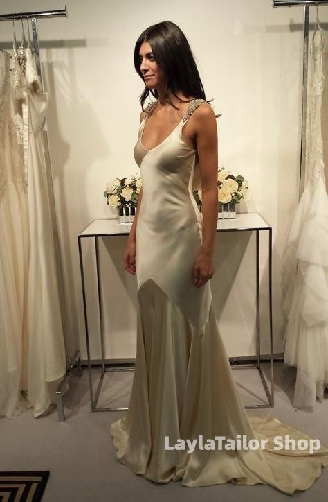 High Quality Mermaid V-Neck Prom Dresses Beaded Wedding Gown,LTP4598