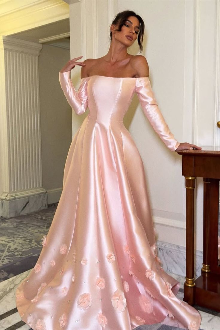 High Quality Pink Off The Shoulder Prom Dresses 3D Flowers Long Sleeves Evening Party Dress,LTP4343