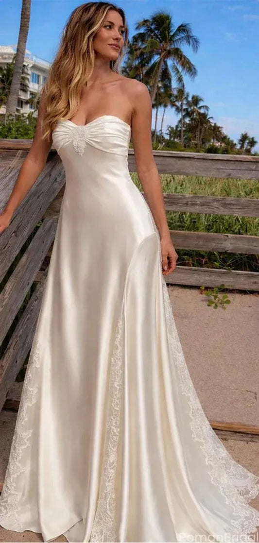 High Quality Ivory Sheath Wedding Dresses Lace Strapless Bridal Dress,LTP4260