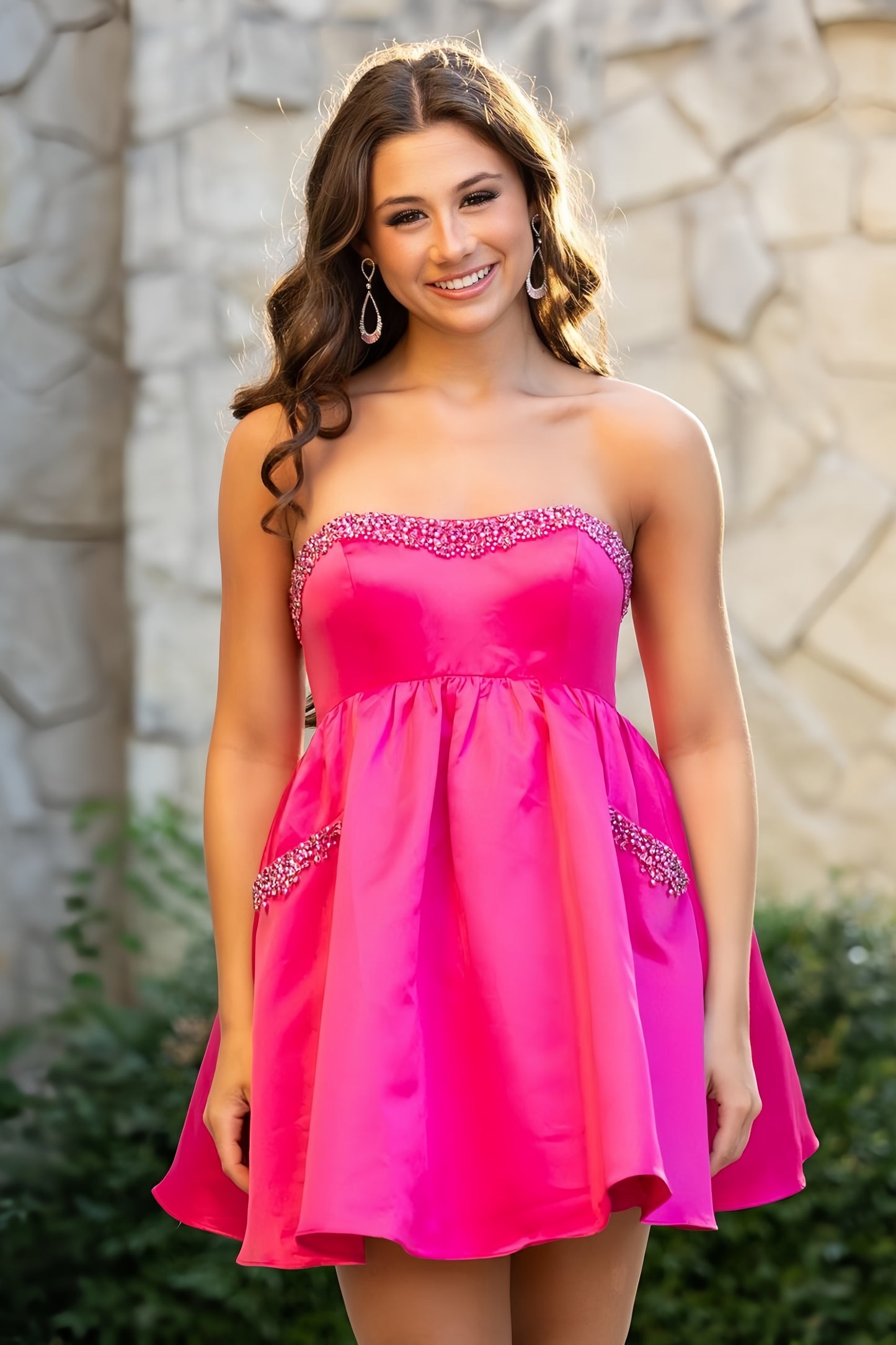 Hot Pink Pearl Beaded Homecoming Dresses, Strapless A-Line Hoco Dress With Pockets, LTP3364