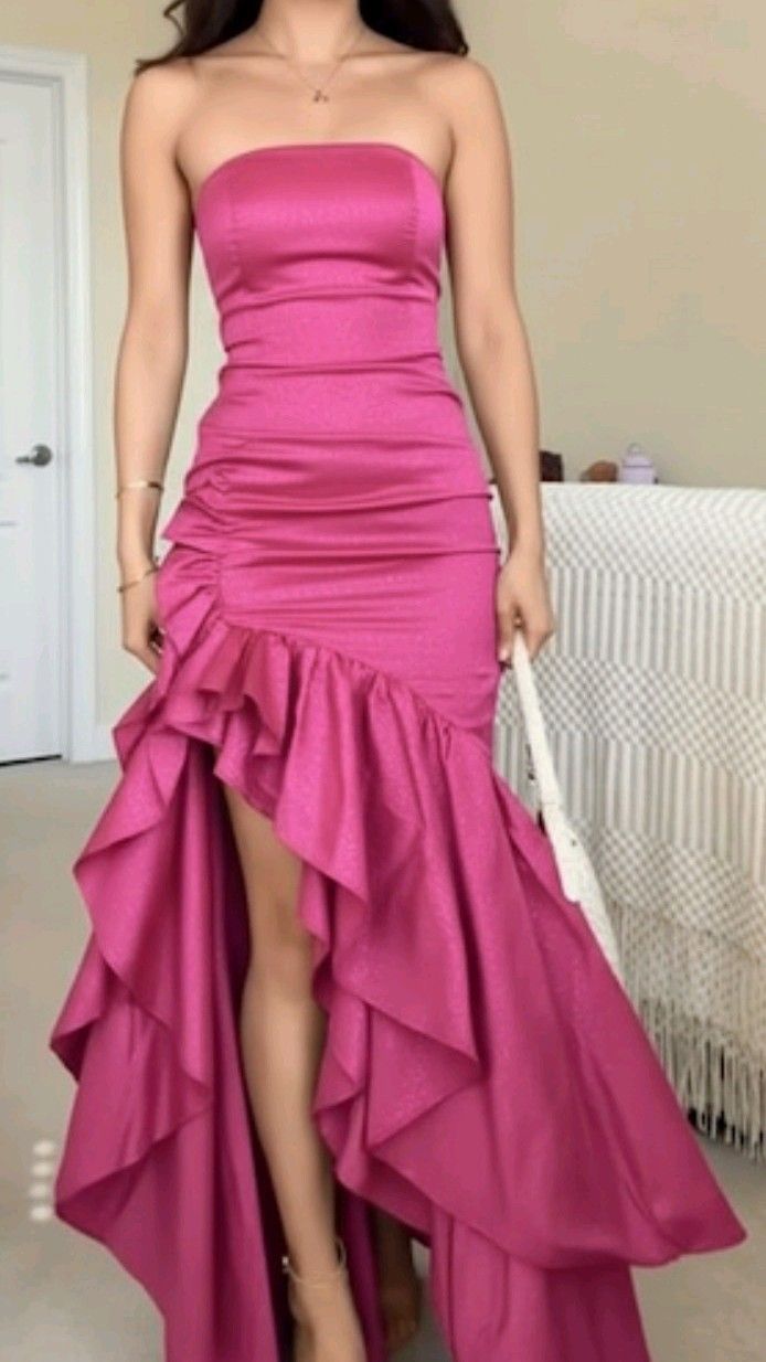 Hot Pink Strapless Ruffle Party Dresses Sleeveless Senior Prom Dress,LTP4364