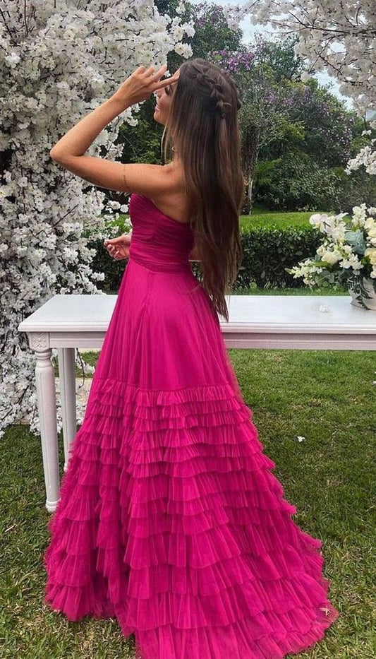 Hot Pink Sweetheart A-Line Tulle Prom Dresses