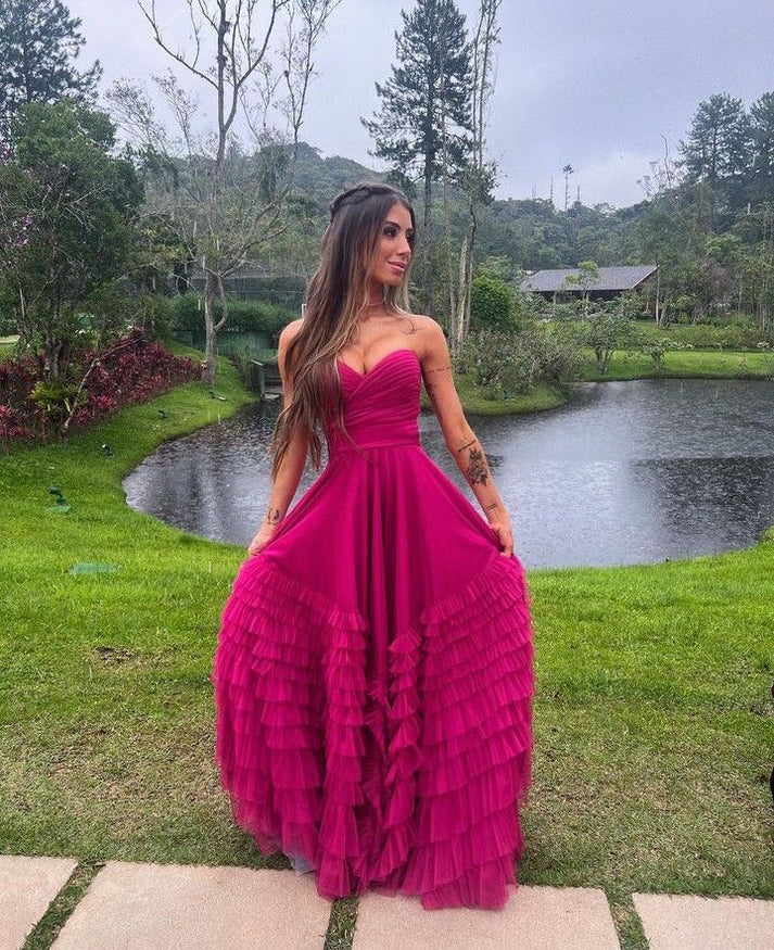 Hot Pink Sweetheart A-Line Tulle Prom Dresses