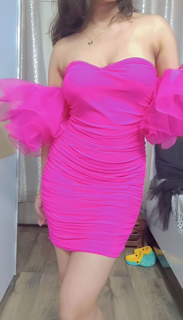 Hot Pink Sweetheart Homecoming Dress With Short Bubble Sleeves, LTP3263