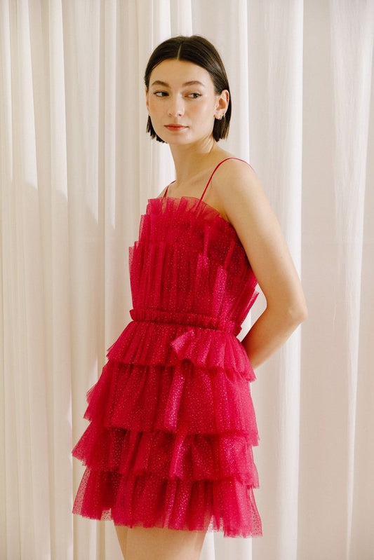 Hot Pink Tiered School Dance Dress Spaghetti Straps Homecoming Dresses, LTP3298