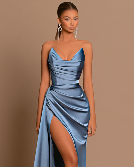 LaylaTailor Shop Illusion design blue satin prom dresses, sleeveless prom dresses 2024