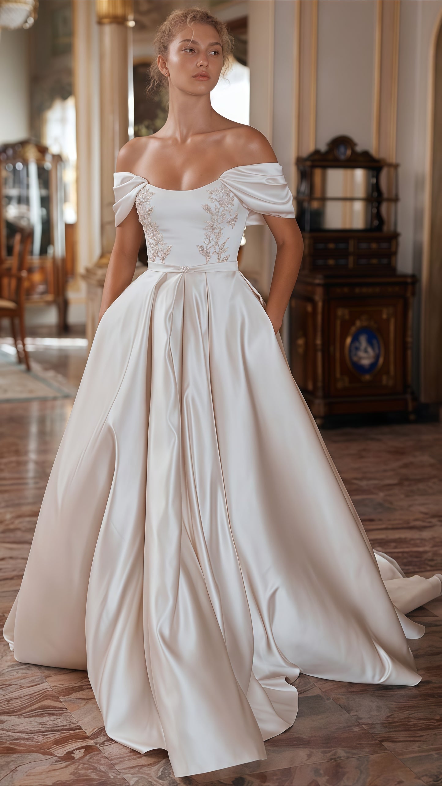 Ivory A-Line Satin Wedding Dresses High Quality Appliques Bridal Dress,LTP3544