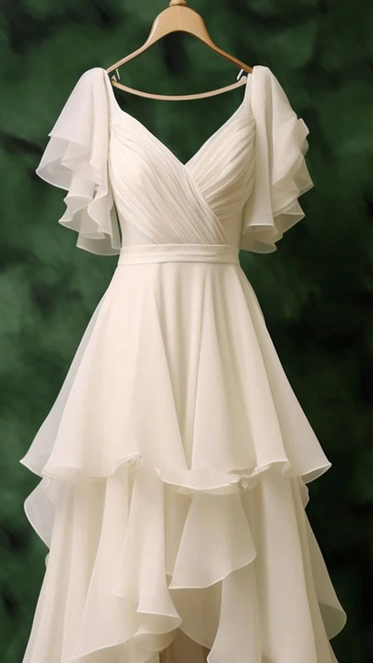 Ivory Chiffon Prom Dresses Ruffle Hi-Lo Evening Party Dress,LTP4148
