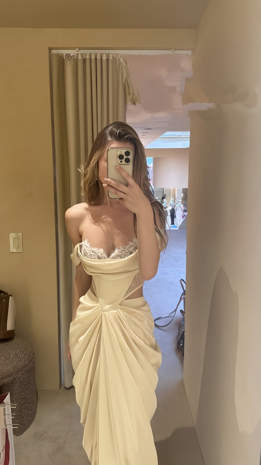 Ivory Lace Bodycon Prom Dresses Off The Shoulder Pleated Evening Party Dress,LTP4228