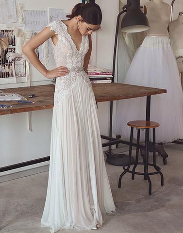 Ivory Lace V-Neck Wedding Dresses Sheath Long Bridal Dress,LTP4114