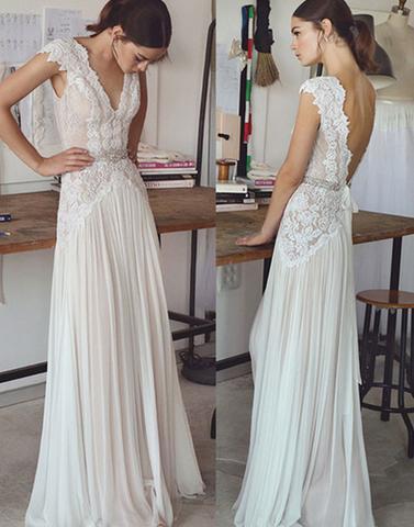Ivory Lace V-Neck Wedding Dresses Sheath Long Bridal Dress,LTP4114