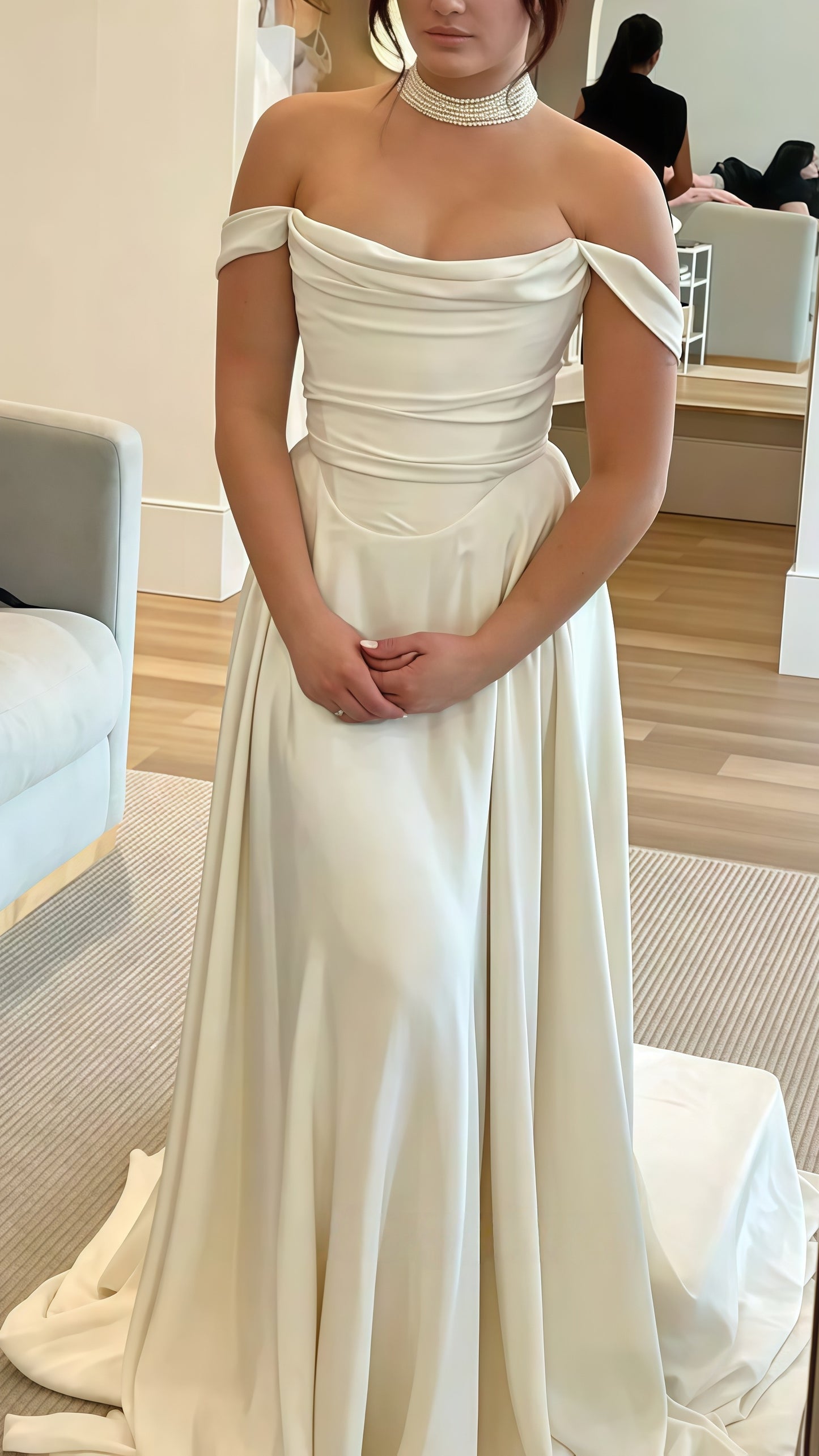 Ivory Off The Shoulder Wedding Dresses, Satin Beach Wedding Dress, LTP3753