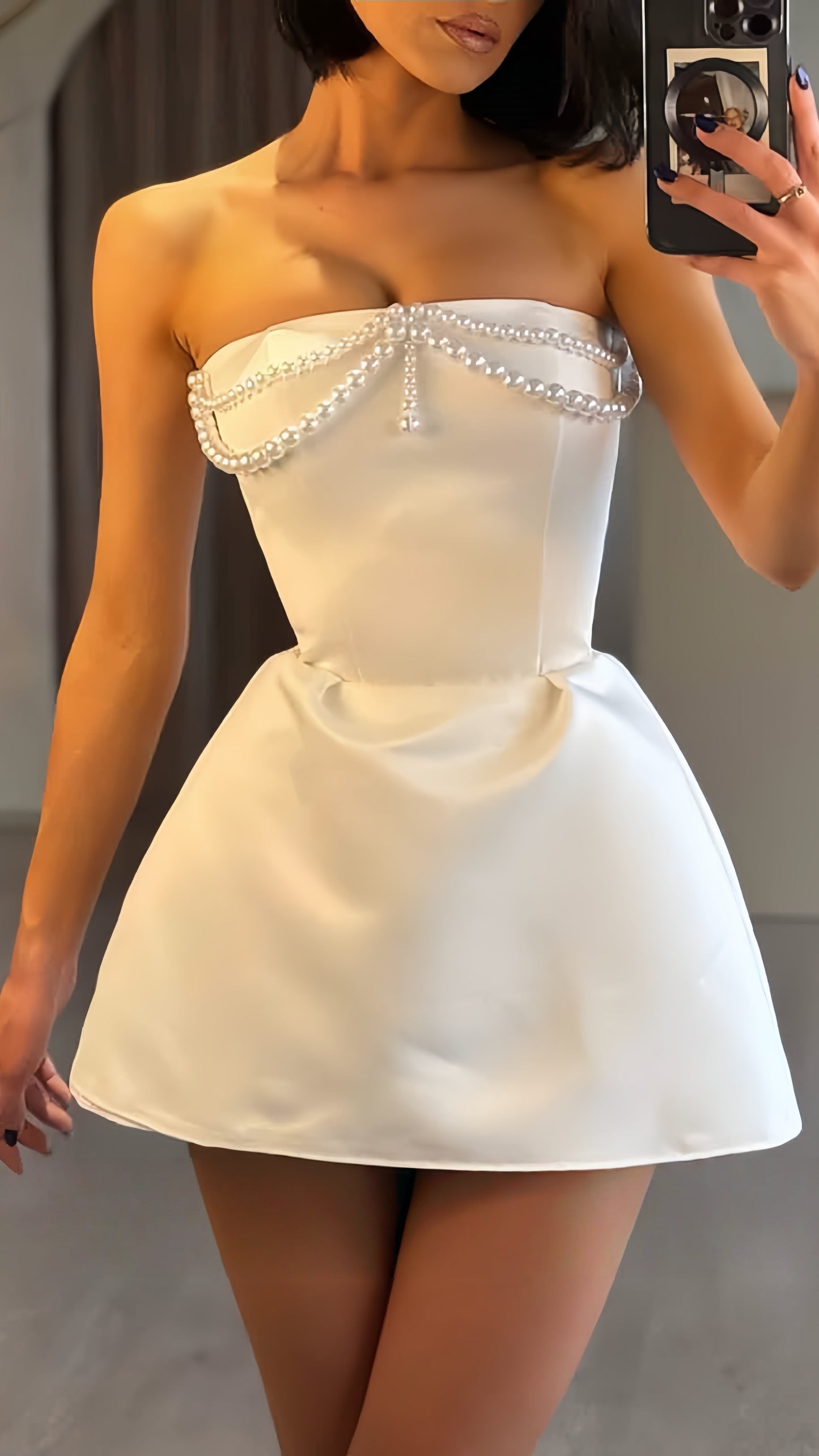 Ivory Pearl Beaded Homecoming Dresses Strapless Wedding Party Dress,LTP3831