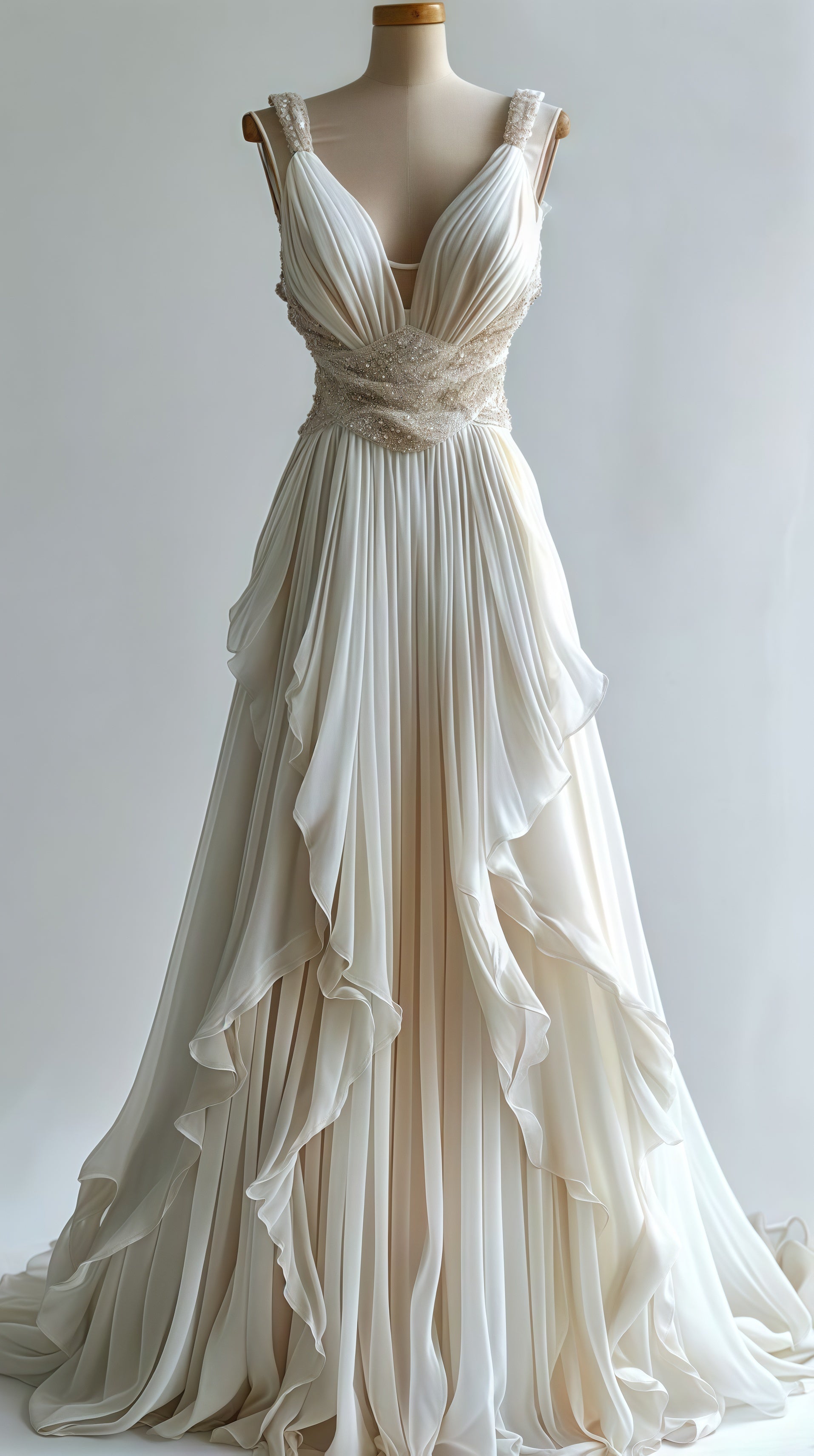 Ivory Pleated A-line Ruffle Evening Prom Dress, Chiffon Sleeveless Bri