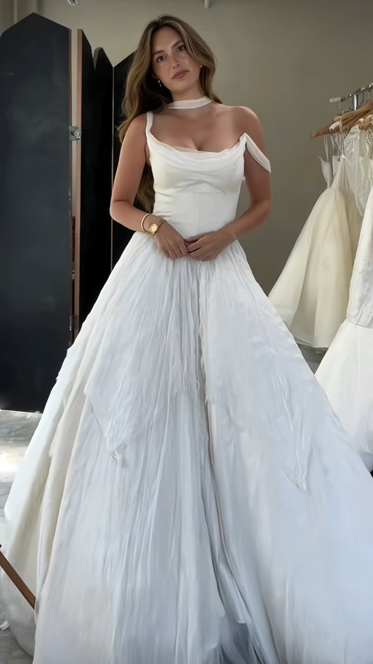 Ivory Pleated A-line Wedding Dresses, Sleeveless Bridal Gown, LTP3760