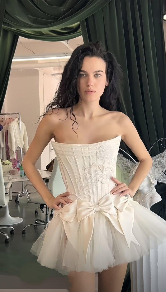 Ivory Strapless Wedding Dress, Short Hoco Prom Dress, LTP3431