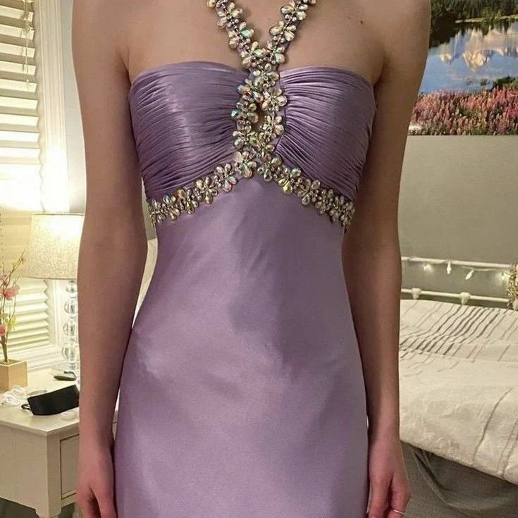 LTP1364,Light purple satin beaded long prom evening dresses
