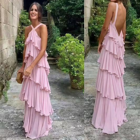 LTP1663,Halter Pink Chiffon Long Prom Evening Dresses Layers Chiffon Custom Made Party Dress