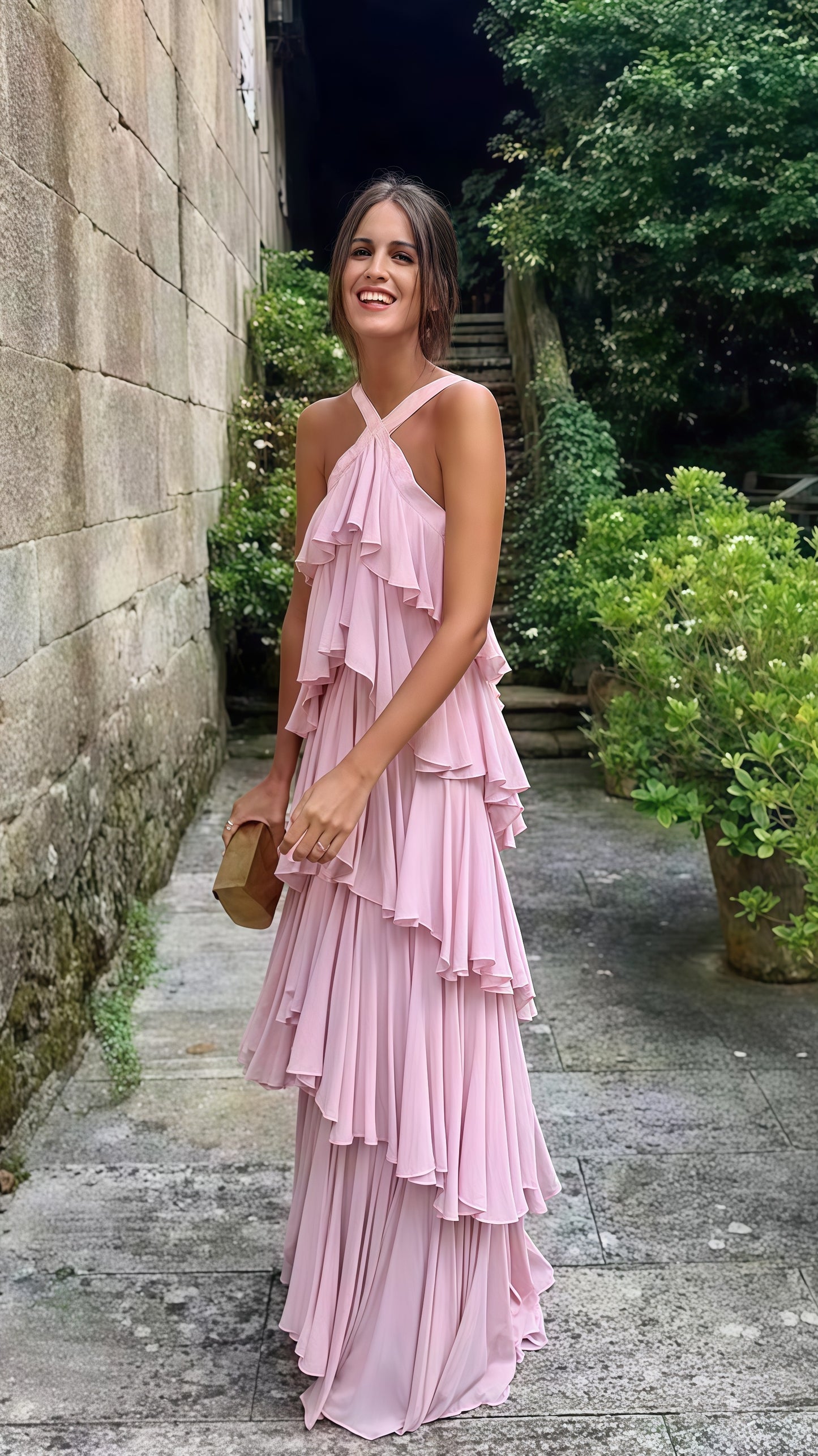 LTP1663,Halter Pink Chiffon Long Prom Evening Dresses Layers Chiffon Custom Made Party Dress