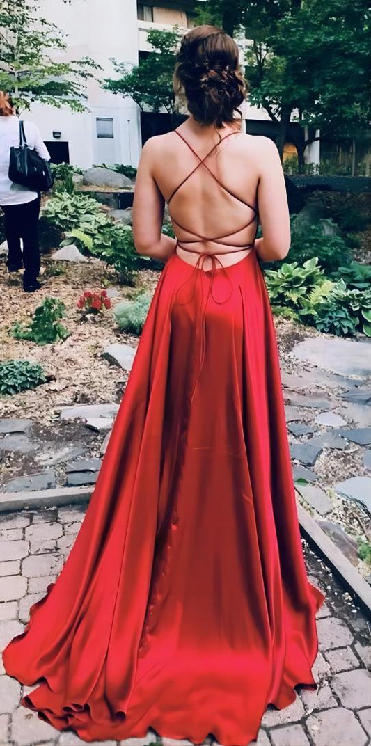 Red Prom Dress with Criss Cross Back - Classy Junior Evening Gown