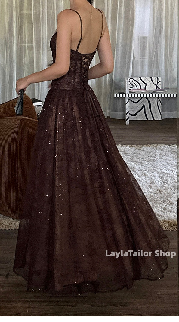 LaylaTailor Shop Elegant Brown Spaghetti Straps Lace Senior Prom Dresses, LTP3604