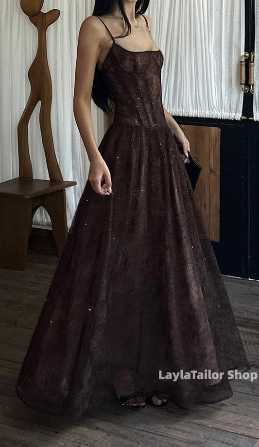 LaylaTailor Shop Elegant Brown Spaghetti Straps Lace Senior Prom Dresses, LTP3604