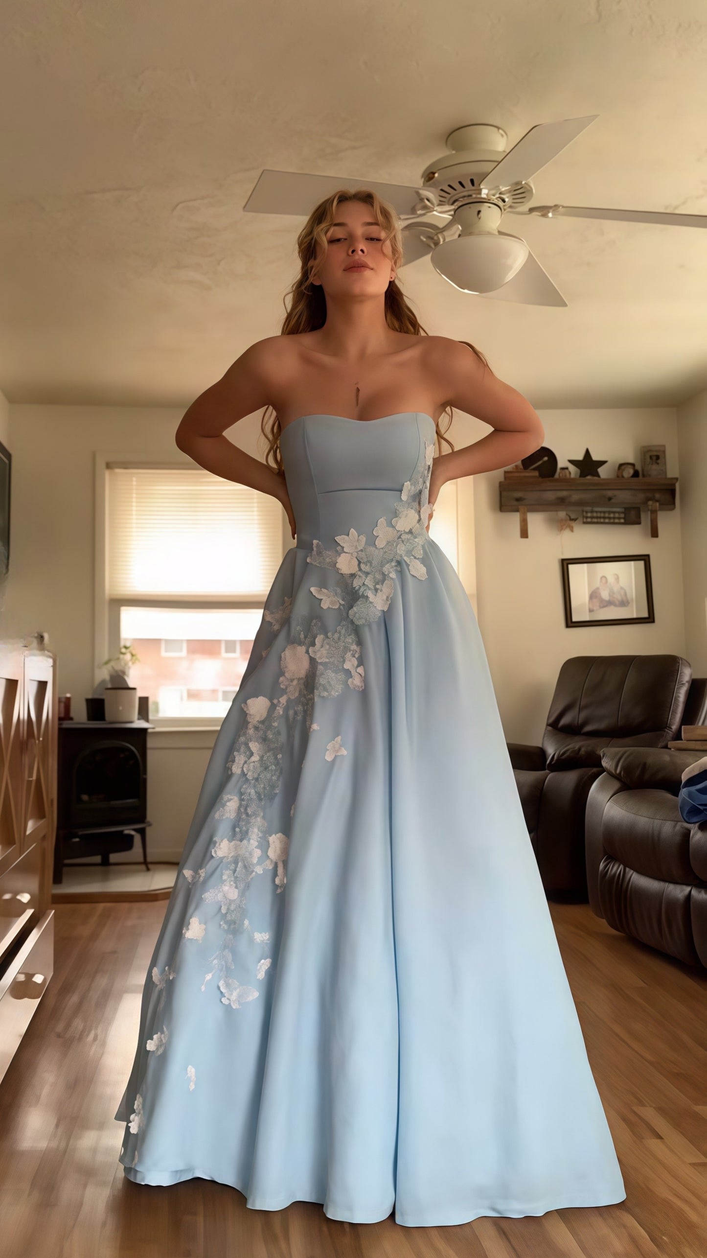 Light Blue A-Line Floral Evening Prom Dress, Sweetheart Floor Length Ball Gown, LTP3465