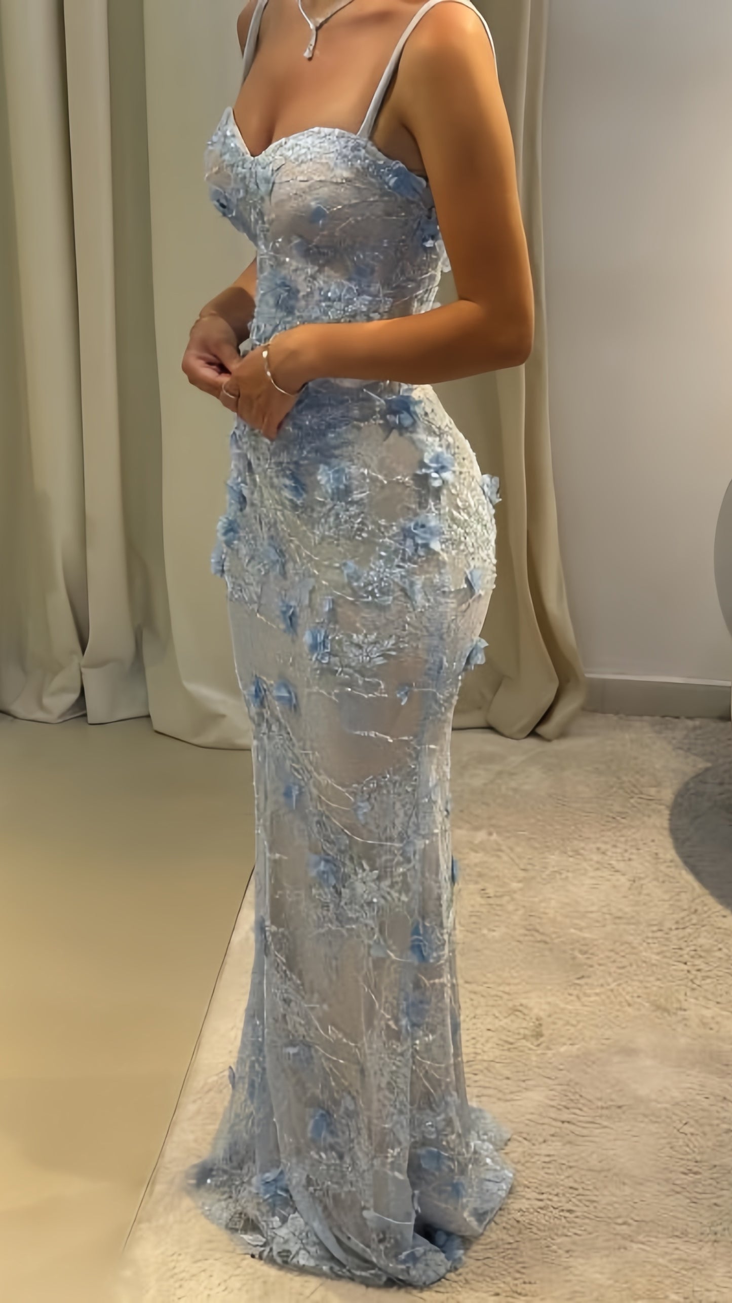 Light Blue Floral Mermaid Prom Dresses Spaghetti Straps Evening Party Dress,LTP4080