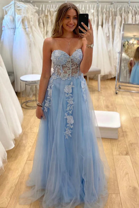 Light Blue Floral Sweetheart Tulle Prom Dress