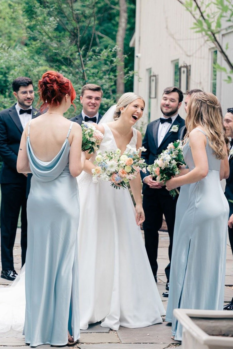Light Blue Satin Bridesmaid Dresses Side Slit Wedding Party Dress,LTP4110