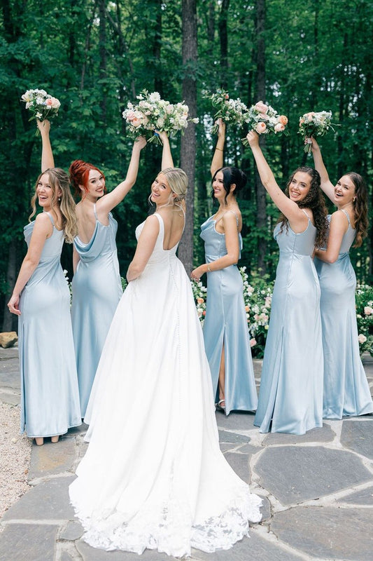 Light Blue Satin Bridesmaid Dresses Side Slit Wedding Party Dress,LTP4110