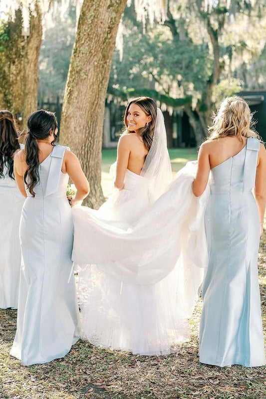 Light Blue Sheath Long Bridesmaid Dresses One Shoulder Bowknot Evening Party Dress,LTP4112