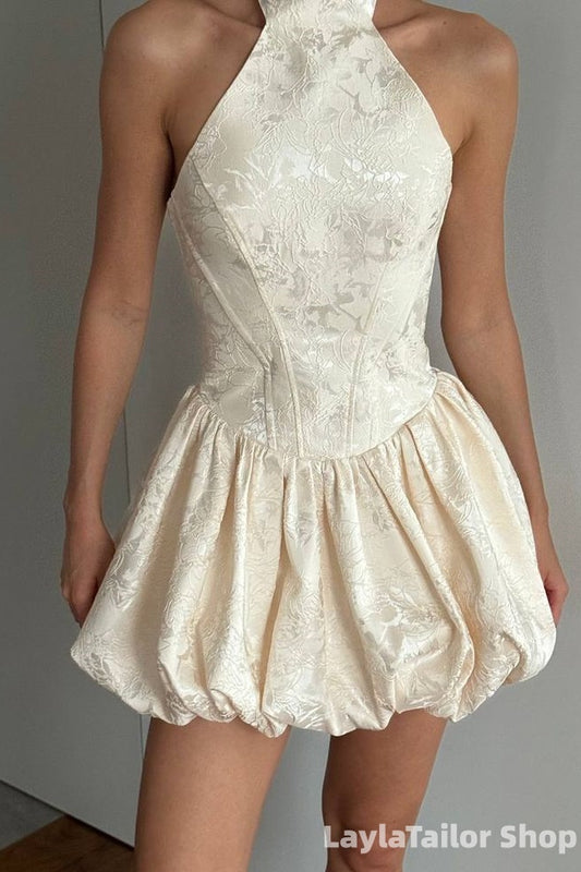 Light Champagne Halter Floral Print Homecoming Dresses Sleeveless Mini Party Dress