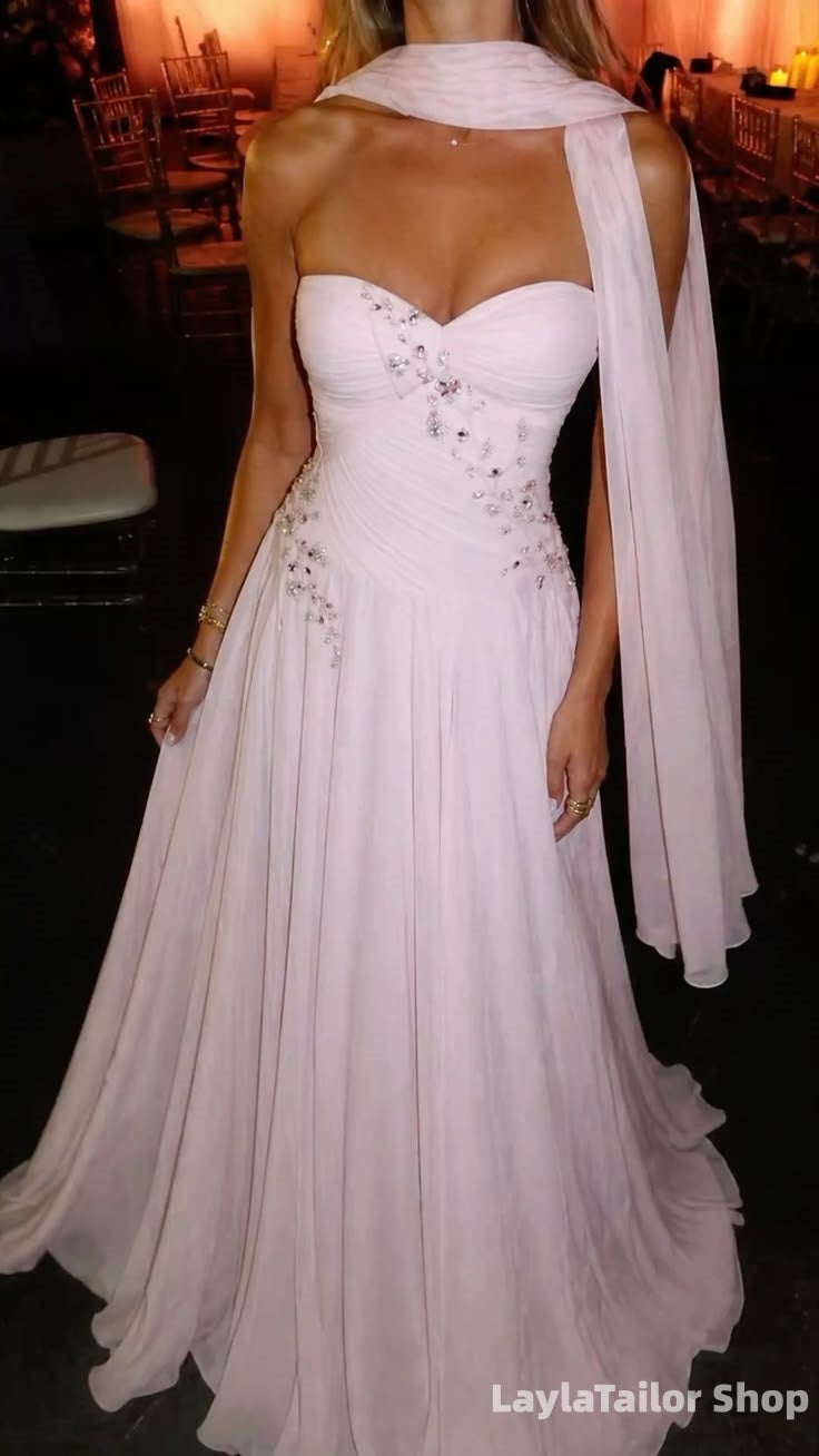 Light Pink Sweetheart Chiffon Prom Dresses Beaded A-Line Formal Party Dress,LTP3706