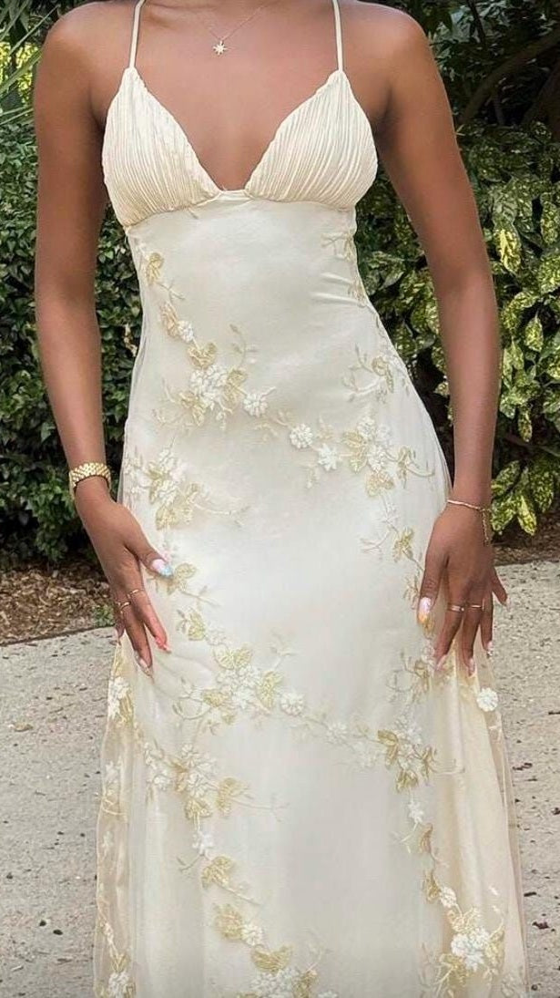 Light Yellow Sheath Floral Prom Dresses Long V-Neck Evening Party Dress,LTP4332