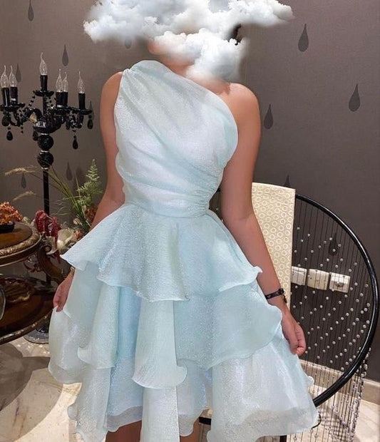Light Blue One Shoulder Organza Homecoming Dresses Custom Made Hoco Dress, LTP3130