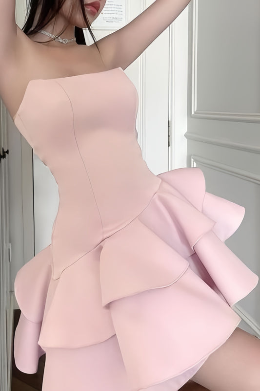 Lilac Pink Ruffle Homecoming Dresses Strapless Mini Party Dress Short Prom Dresses,LTP3912