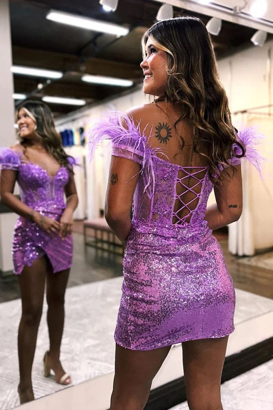 Lovely Sequin Bodycon Homecoming Dresses Feather Shoulder Hoco Dress