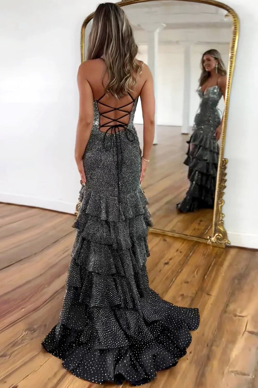 Luxurious Black Beaded Mermaid Prom Dress with Lace Up Corset and Thigh Slit