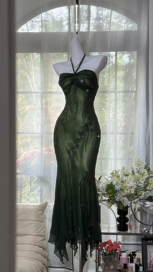 Luxury Dark Green Mermaid Beaded Lace Appliques Chiffon Long Prom Dress Evening Dress,LTP4441