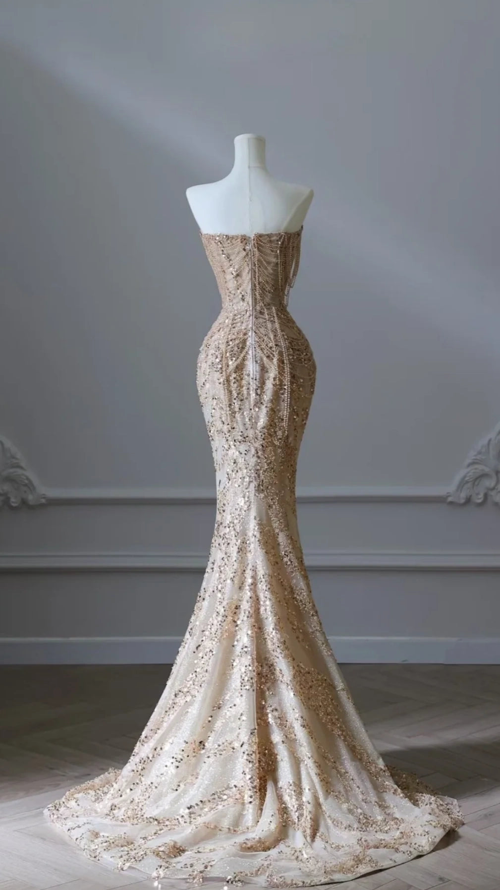 Luxury Gold Sequin Beaded Mermaid Prom Dress, Strapless Formal Party Dress,LTP3665