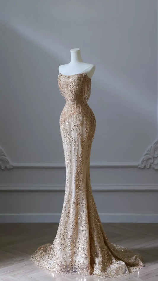 Luxury Gold Sequin Beaded Mermaid Prom Dress, Strapless Formal Party Dress,LTP3665