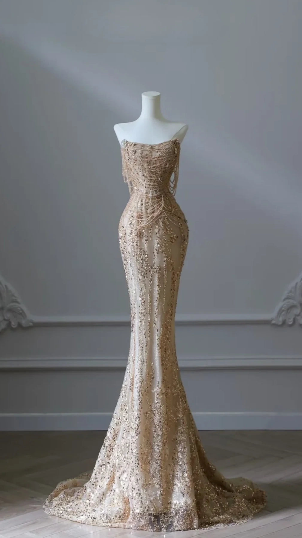 Luxury Gold Sequin Beaded Mermaid Prom Dress, Strapless Formal Party Dress,LTP3665