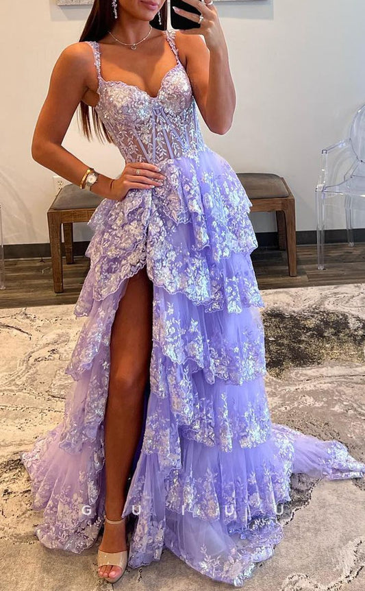 Luxury Lace Ruffles Prom Dress With Slit