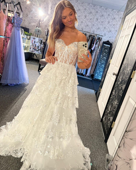 Luxury Off The Shoulder Lace Sequin Ruffle Prom Dresses