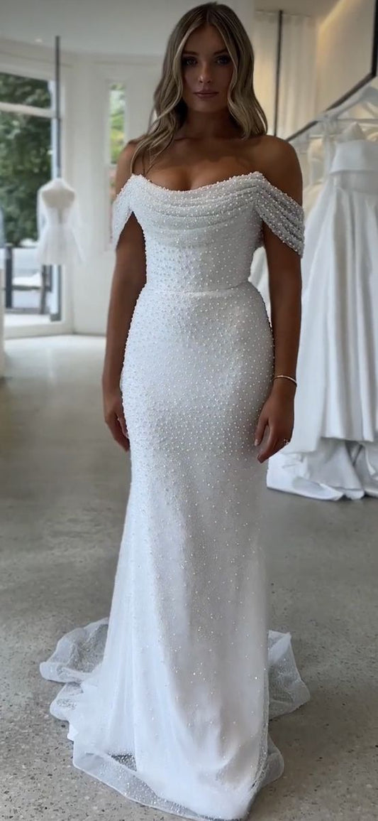 Luxury Pearl Beaded Mermaid Wedding Gown White Off The Shoulder Bridal Gown,LTP4029